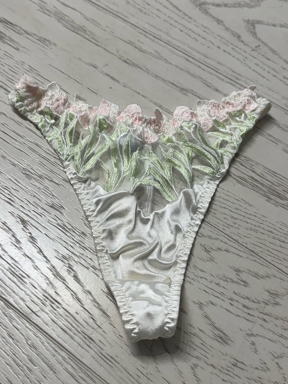 Cabernet White Satin Thong with Pink & Light Green Embroidery